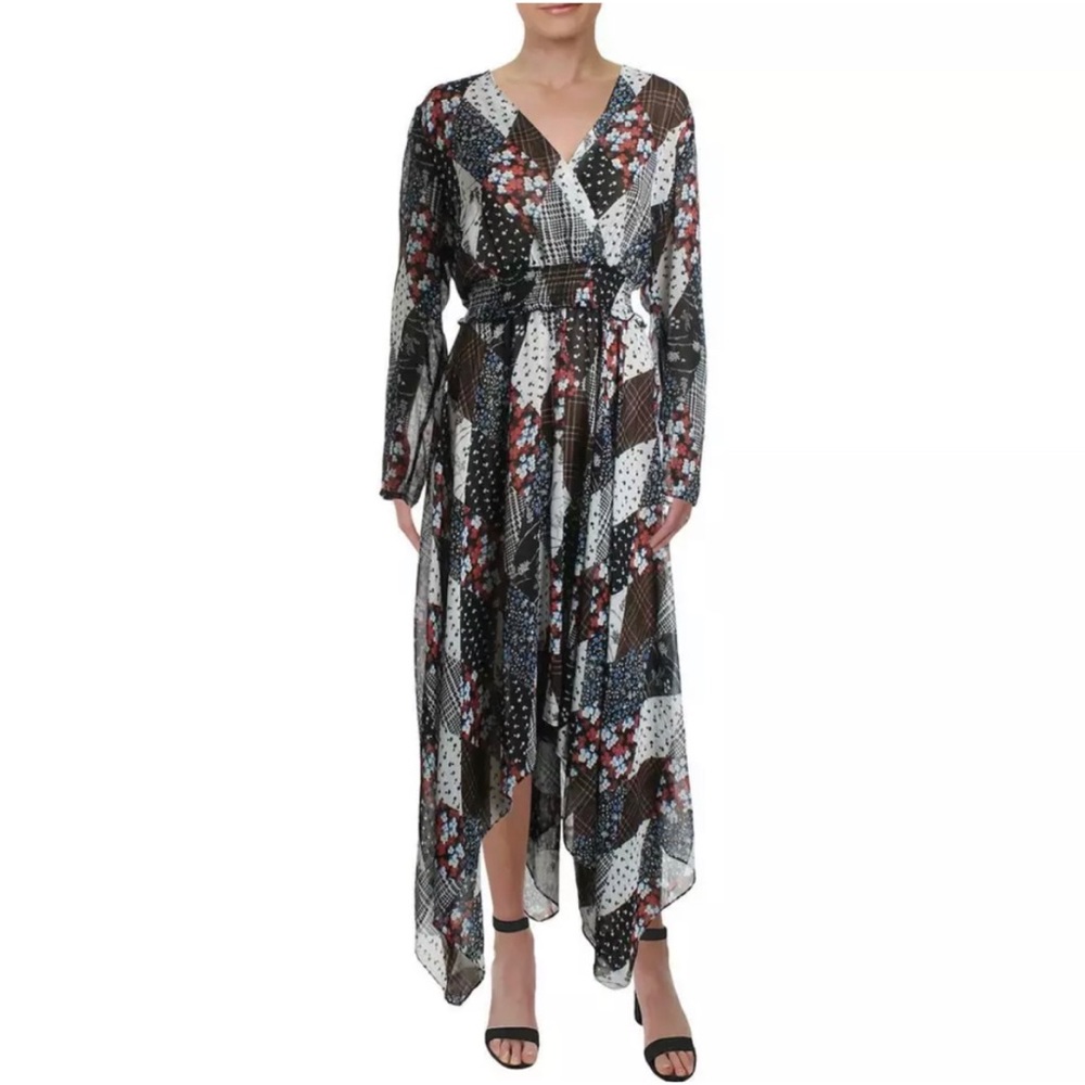 Tommy Hilfiger Sz  XS Women’s Black Red Faux-Wrap Handkerchief Peasant Dress